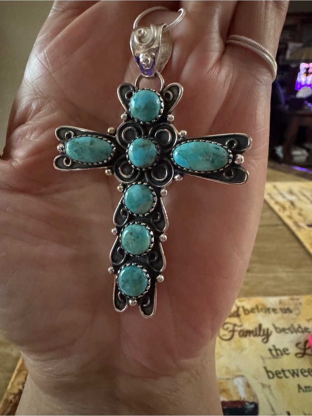 Large Brass Silver Plated TurquoiseCross Necklace NEW